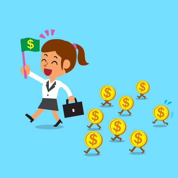 Бизнес-концепция мультфильма деловая женщина ходит с деньгами монеты
 - Вектор,изображение