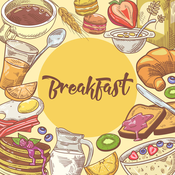 Egészséges reggeli kézzel rajzolt Design, Croissant, gyümölcs és a zabpehely. Eco élelmiszer. Vektoros illusztráció - Vektor, kép