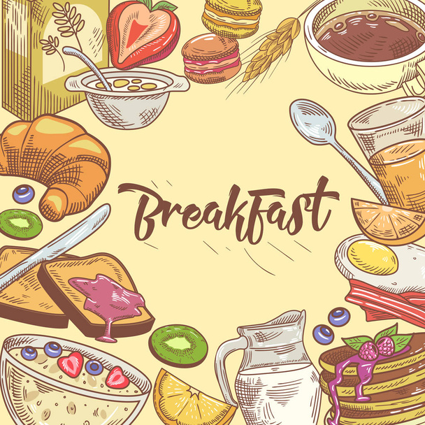 Healthy Breakfast Hand Drawn Design with Sandwich, Fruits and Bakery. Eco Food. Vector illustration - Vektor, kép