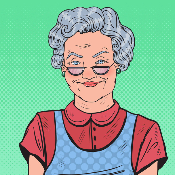 Pop Art szczęśliwy Senior kobieta uśmiechając się. Ilustracja wektorowa - Wektor, obraz