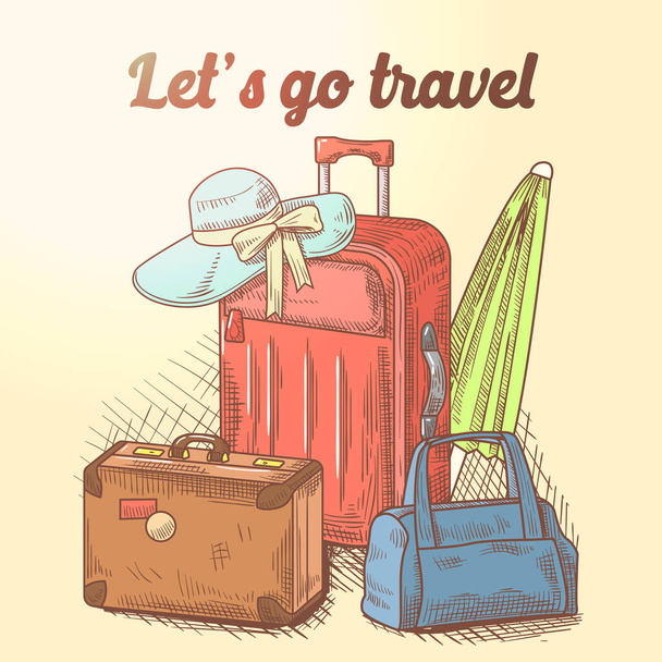 Lets Go Travel käsin piirretty suunnittelu. Summer Vacation Tausta matkatavarat ja laukut. Vektoriesimerkki
 - Vektori, kuva