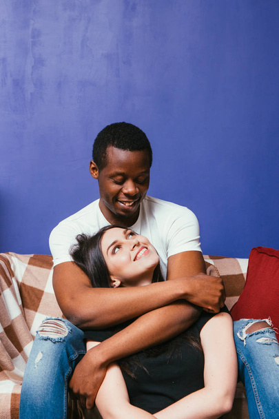 Young couple in love, cuddle and caress at home - Foto, Imagem