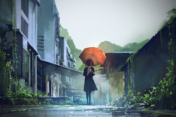 mysterieuze vrouw met oranje paraplu - Foto, afbeelding