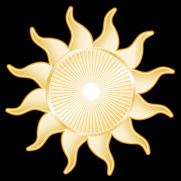 Güneş sembolü, altın ışınları, siyah arka plan - Vektör, Görsel