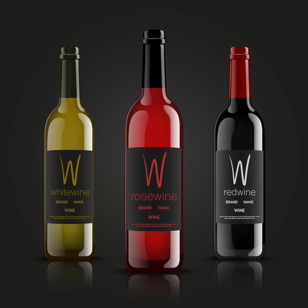 Vector, botellas de vino, hecho en un estilo realista. sobre un fondo oscuro. Burla verde, roja y negra
. - Vector, imagen