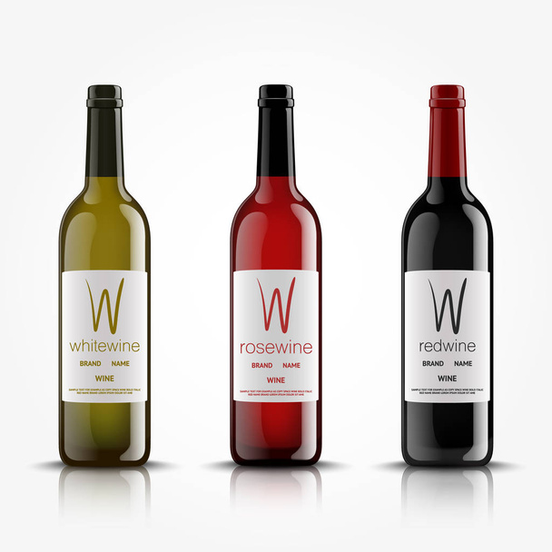 Vetor, garrafas de vinho, feitas em um estilo realista. sobre um fundo branco. Verde, vermelho e preto zombar
. - Vetor, Imagem