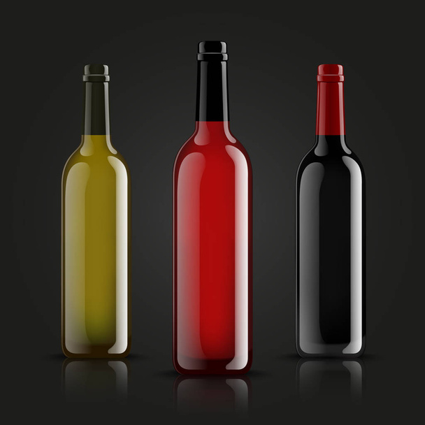 ベクトル、ワイン ボトル、現実的なスタイルで作られています。暗い背景。緑、赤と黒のモックアップ. - ベクター画像