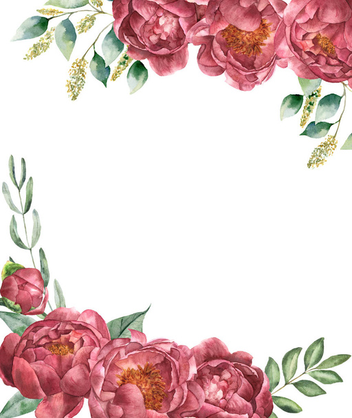 Watercolor vintage floral card. Retro style posy set with eucalyptus branches, peony, greenery and leaves isolated on white background. Flower hand painted illustration for design. - Foto, Imagem