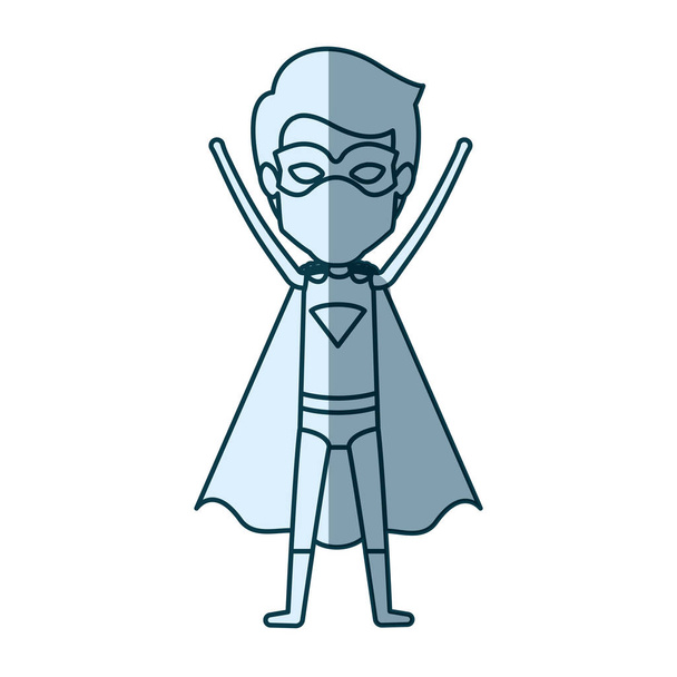 青の網かけ腕を持つ若いスーパー ヒーロー顔を立ってのシルエット - ベクター画像