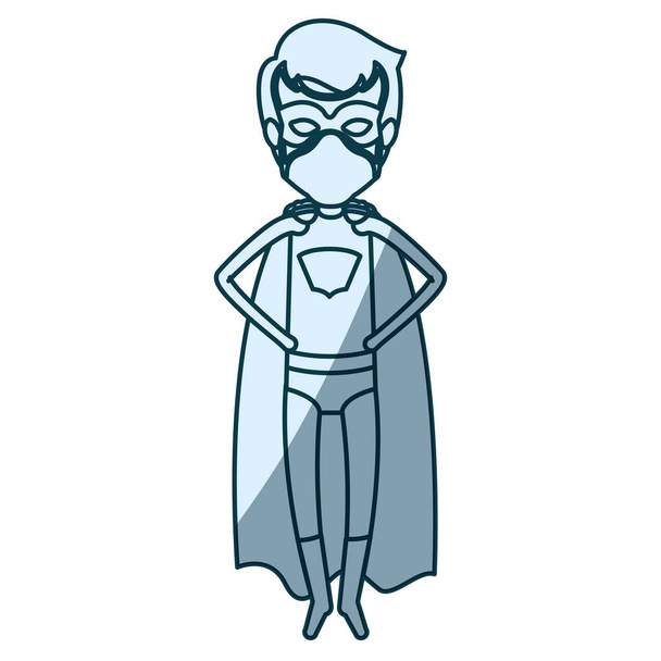 Силуэт синего оттенка безликого супергероя молодого летящего с руками в талии
 - Вектор,изображение