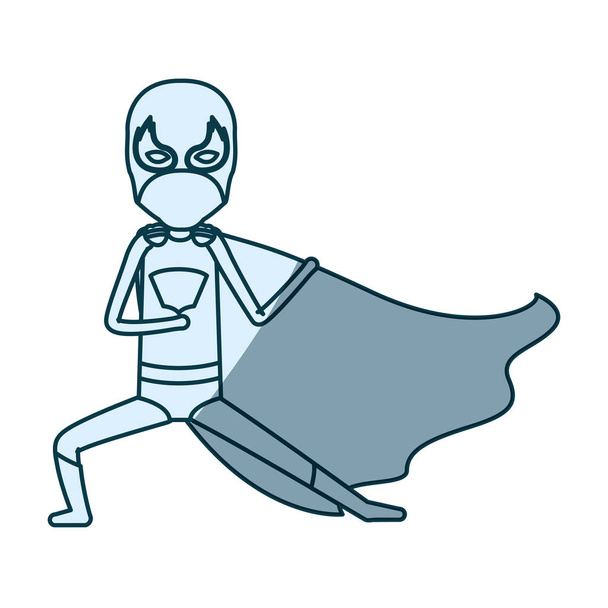μπλε σκίαση σιλουέτα του απρόσωπη παιδί superhero σε αμυντική στάση - Διάνυσμα, εικόνα