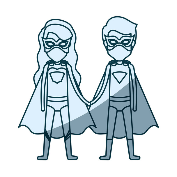 blue shading silhouette of faceless couple of superheroes united of the hands and her with long wavy hair - Vector, Image