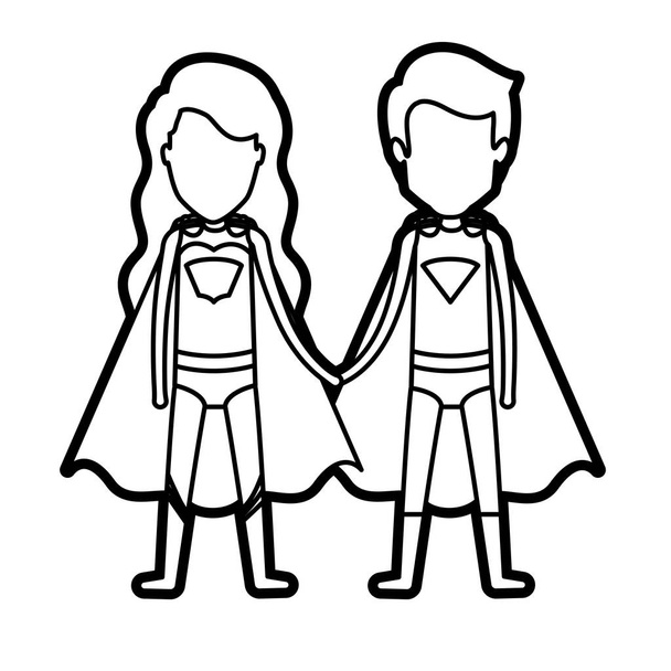 contour épais monochrome de couple sans visage de super-héros unis des mains et elle avec de longs cheveux ondulés
 - Vecteur, image