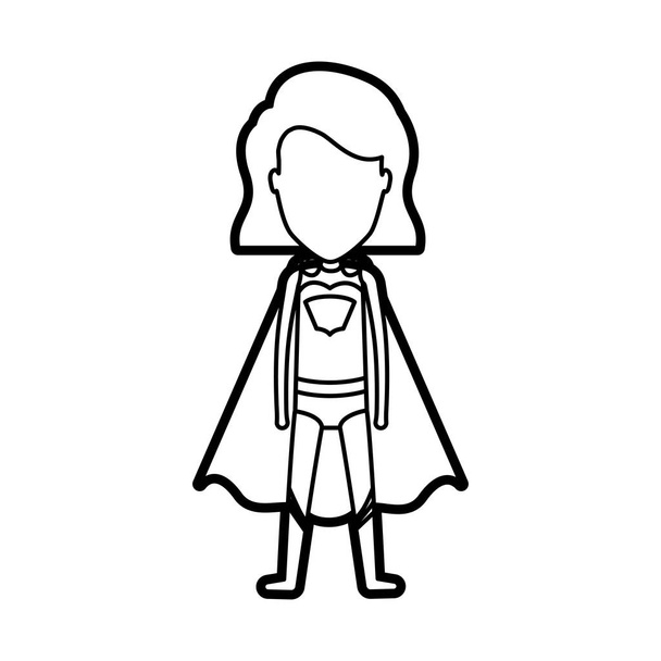 monochroom dikke contour van permanent gezichtsloze meisje superheld met kort haar - Vector, afbeelding