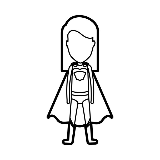 монохромный толстый контур стоящей безликой девушки супергероини с короткими прямыми волосами
 - Вектор,изображение