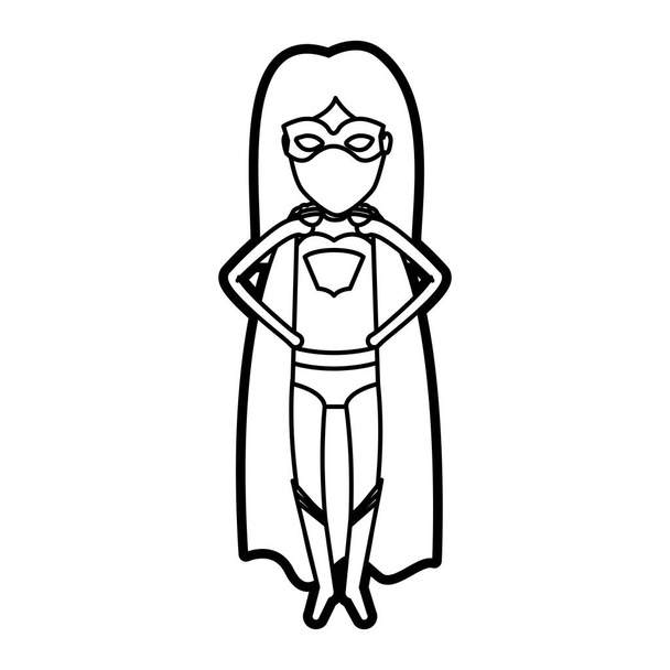 monocromo grueso contorno de pie sin rostro superhéroe mujer volando con las manos en la cintura
 - Vector, imagen