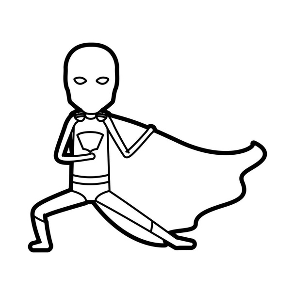 monochrome thick contour of standing faceless kid superhero in defensive pose - Vector, Image