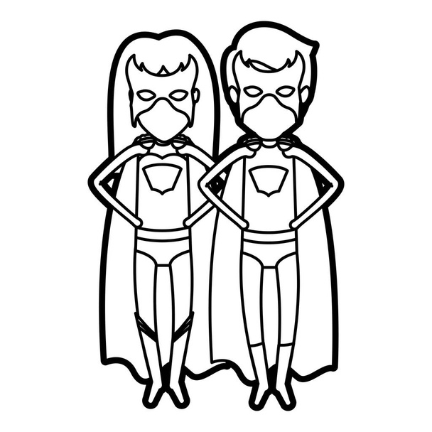 contorno grueso monocromo de una pareja de superhéroes sin rostro volando con las manos en la cintura
 - Vector, Imagen