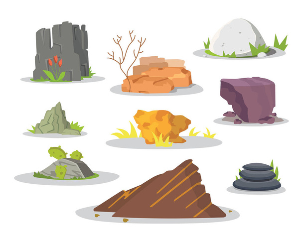 Rocks and stones elements collection set. Vector illustration of solid materials. Cartoon stones in different colors. - Вектор, зображення