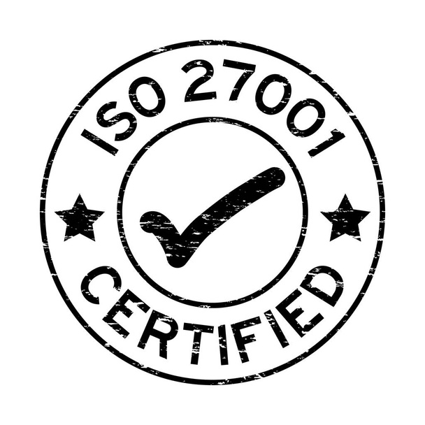 Grunge black ISO 27001 сертифицированный круглый штамп из резины на белом фоне
 - Вектор,изображение