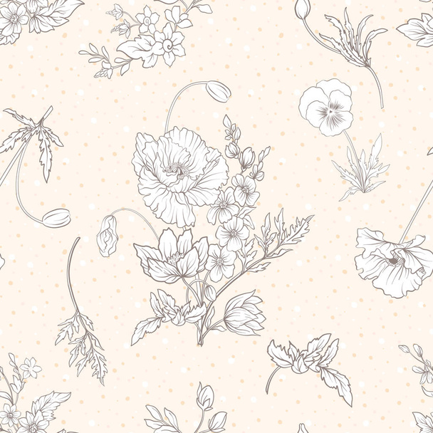 Seamless pattern with poppy flowers, daffodils, anemones, violet - Vetor, Imagem