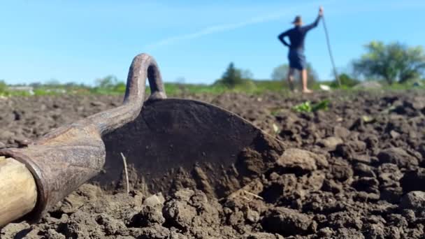 Egy eszköz a ápolása a talajban, és a férfi a kalap műveli a talajt, a háttérben - Felvétel, videó