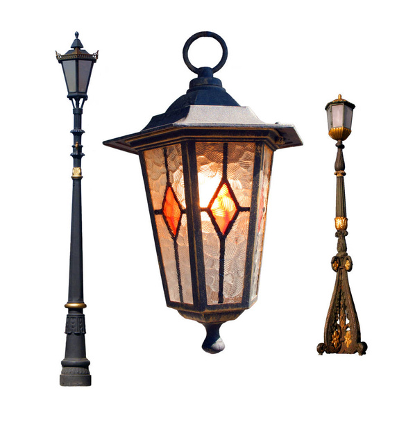 Zbiór 3 stare lampy uliczne na białym tle - Zdjęcie, obraz