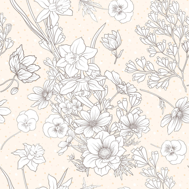 Seamless pattern with poppy flowers, daffodils, anemones, violet - Vector, Image