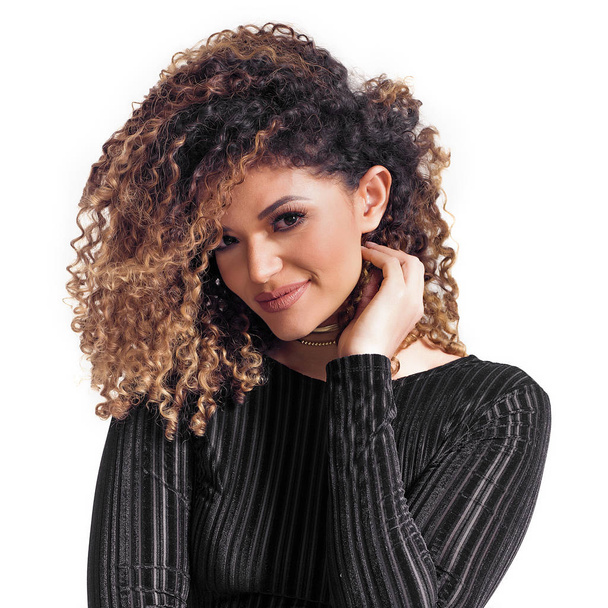 Woman portrait with gorgeous curly hair looking and smiling - Фото, зображення