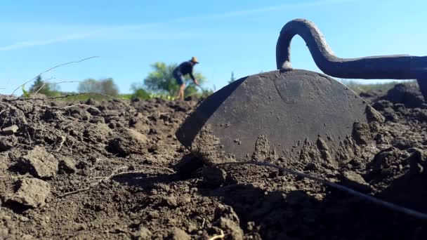 Un outil pour cultiver le sol, et l'homme dans un chapeau cultive le sol en arrière-plan
 - Séquence, vidéo
