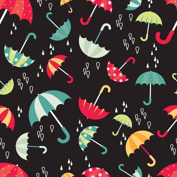 Paraguas brillantes coloridos diseño moderno patrón sin costuras con gotas de agua. Ilustración vectorial sobre fondo oscuro
. - Vector, Imagen
