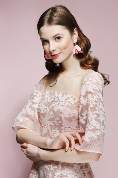 Beautiful fashion model in lace dress. Clean fresh face of prett - Fotó, kép