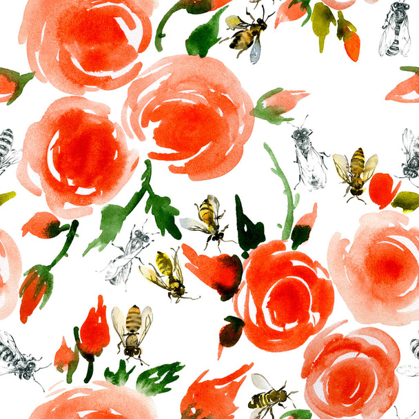 Delicate, small, fragrant, vintage roses and honey, rustic, wild bees. Watercolor. Illustration - Zdjęcie, obraz