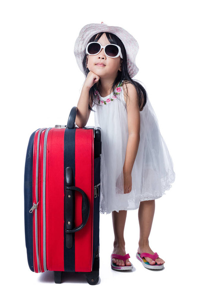 Asian Little Chinese girl with a suitcase - Fotoğraf, Görsel
