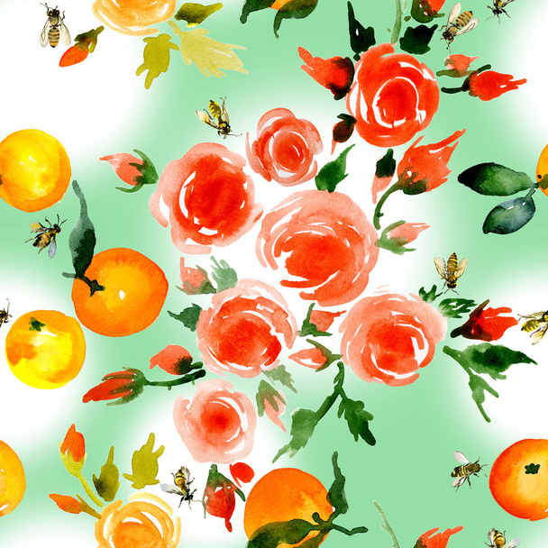 Delicate, small, fragrant, ancient roses, honey, rustic, wild bees, delicate, tasty, fragrant mandarins. Watercolor. illustration - Zdjęcie, obraz