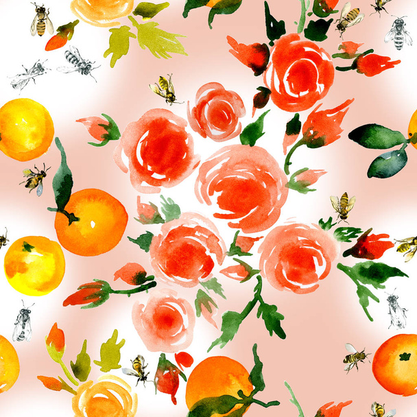 Delicate, small, fragrant, ancient roses, honey, rustic, wild bees, delicate, tasty, fragrant mandarins. Watercolor. illustration - Fotoğraf, Görsel