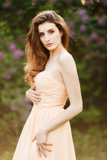 Beautiful girl in a vintage dress in spring garden - Foto, Imagem