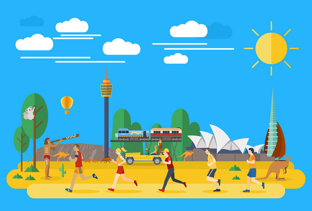 Плоский дизайн, иллюстрация людей, бегущих в Австралии, вектор
 - Вектор,изображение
