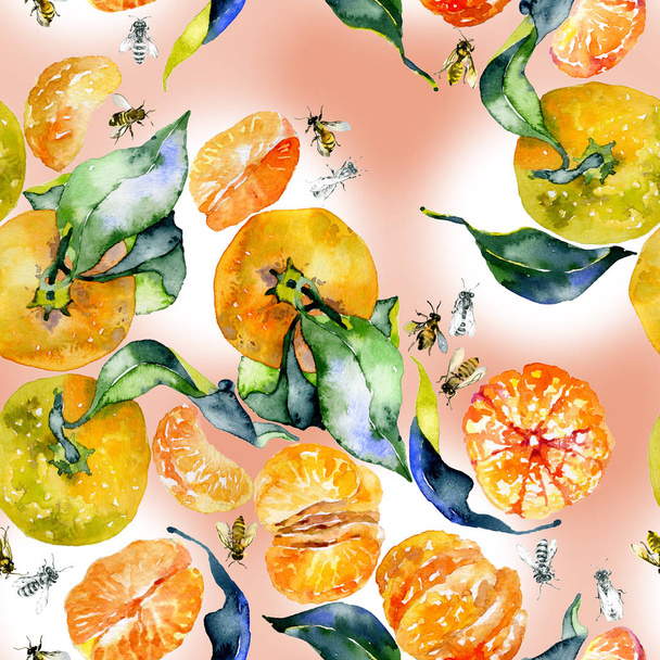 Southern, tasty, aromatic, fitrant mandarins and honey, rustic, wild bees Watercolor. illustration - Zdjęcie, obraz