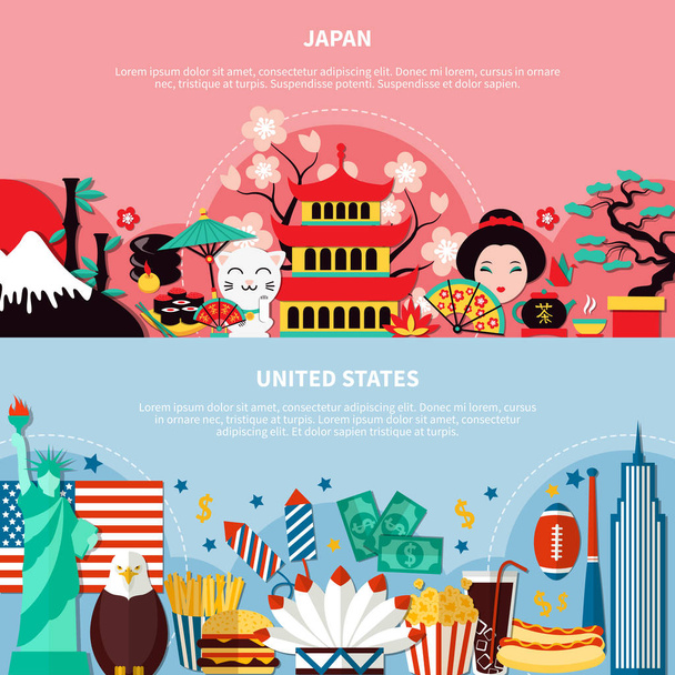 Japão e Estados Unidos Horizontal Banners
  - Vetor, Imagem