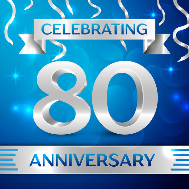 Osmdesát let výročí oslav Design. Konfety a stříbrná stuha na modrém pozadí. Barevné vektorové prvky šablony pro vaši narozeninovou oslavu. Výročí stuha - Vektor, obrázek