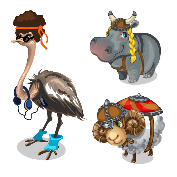 Animales vestidos, avestruz, hipopótamo y ovejas
 - Vector, imagen