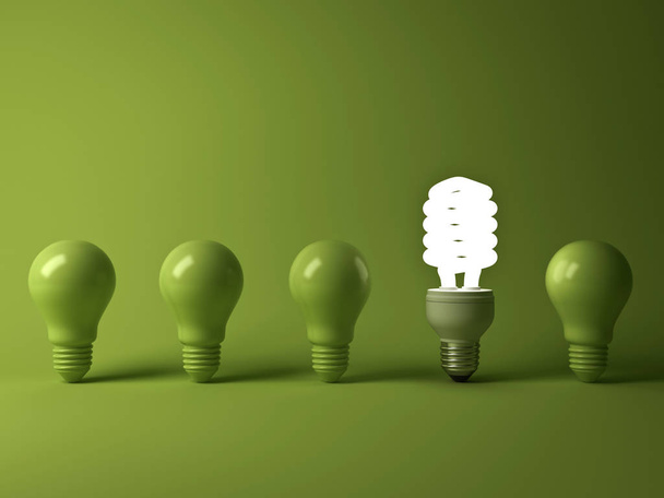 Эко-энергосберегающая лампочка, одна светящаяся компактная люминесцентная лампочка, выделяющаяся из неосвещенных ламп накаливания, отражающихся на зеленом фоне, индивидуальности и другой концепции. 3D рендеринг
 - Фото, изображение