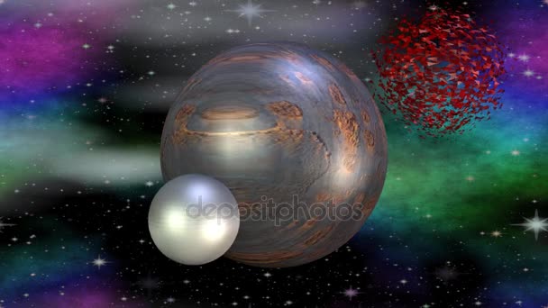 Fantasía planeta metálico girando en el cosmos con su mes, otro planeta rojo explotando en el espacio, partículas voladoras
 - Imágenes, Vídeo