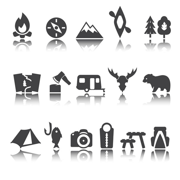 Ensemble vectoriel d'icônes de camping, panneau de randonnée. réflexion d'ombre
. - Vecteur, image