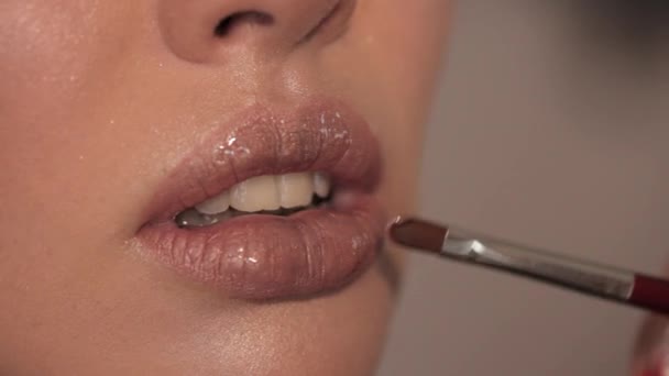 Make-up artist paints lips to beautiful girl, plump lips - Imágenes, Vídeo