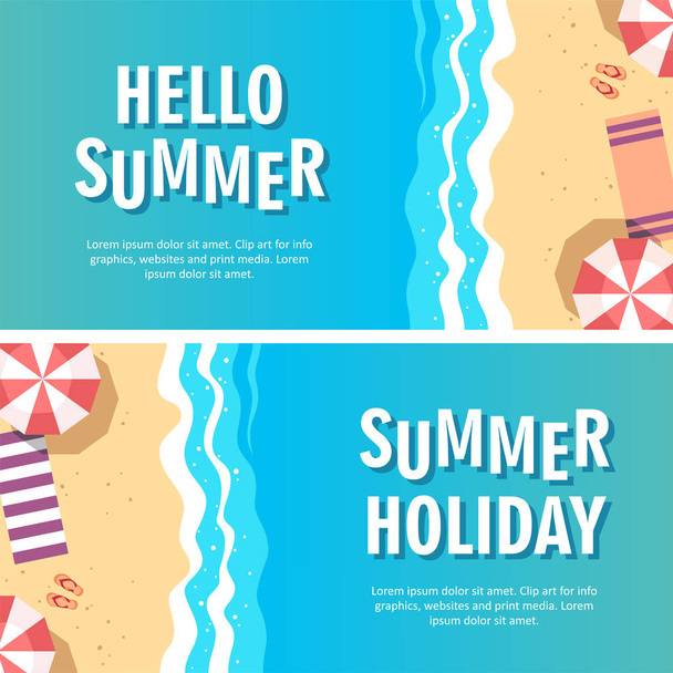 Illustrazione vettoriale del concetto di vacanza estiva. Vista dall'alto della spiaggia. Modello per poster, banner, carta, volantino ecc
. - Vettoriali, immagini