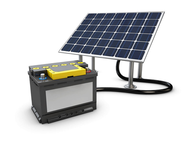 Energy concept background with solar panel and charging battery, 3d illustration - Photo, Image