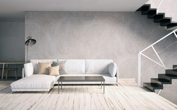 Simular la pared en el interior con escaleras y sofá. sala de estar hipst
 - Foto, imagen