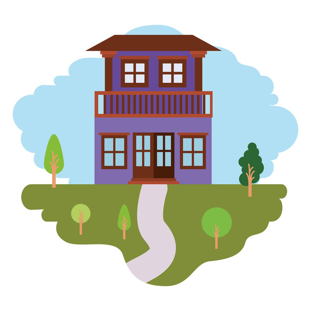 white background with colorful scene of natural landscape and house with two floors and balcony - Vector, Image